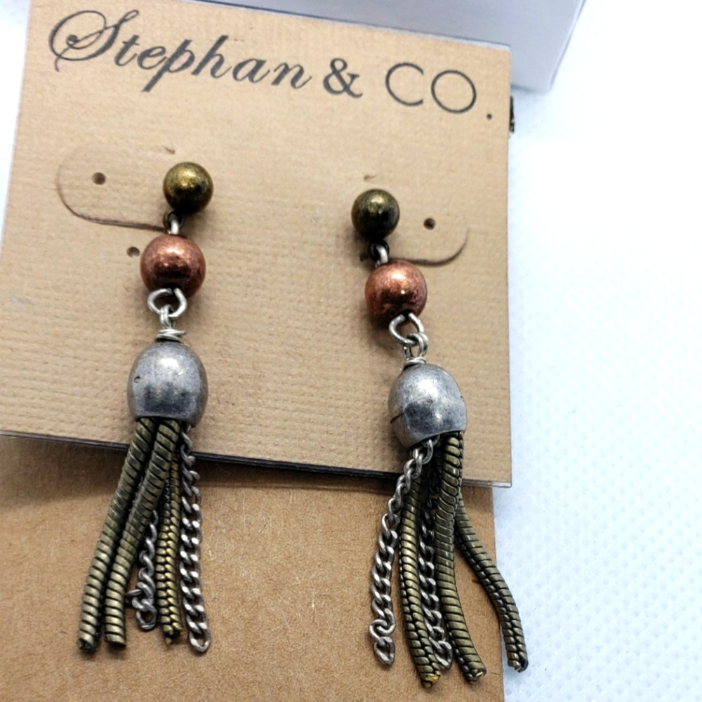 Boho bronzeand silver chain long dangling earrings